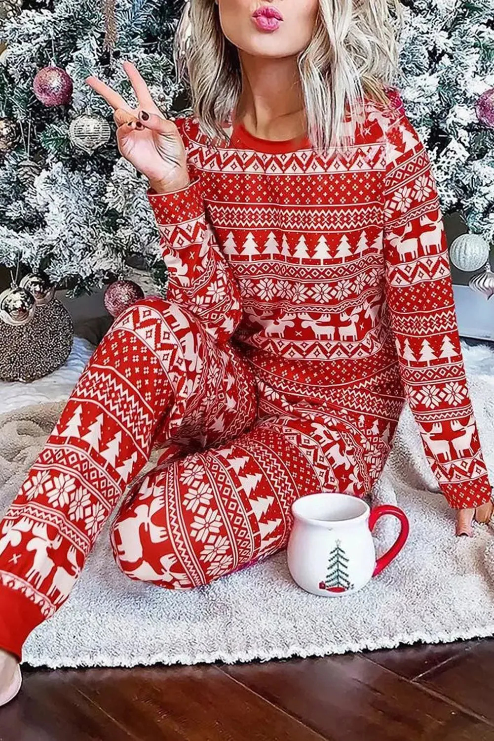 Womens Pajama Set Christmas Tree Reindeer Pullover and Pants Lounge Set Sleepwear