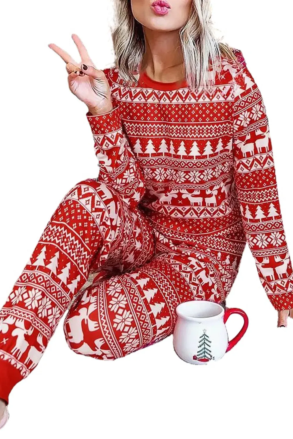 Womens Pajama Set Christmas Tree Reindeer Pullover and Pants Lounge Set Sleepwear