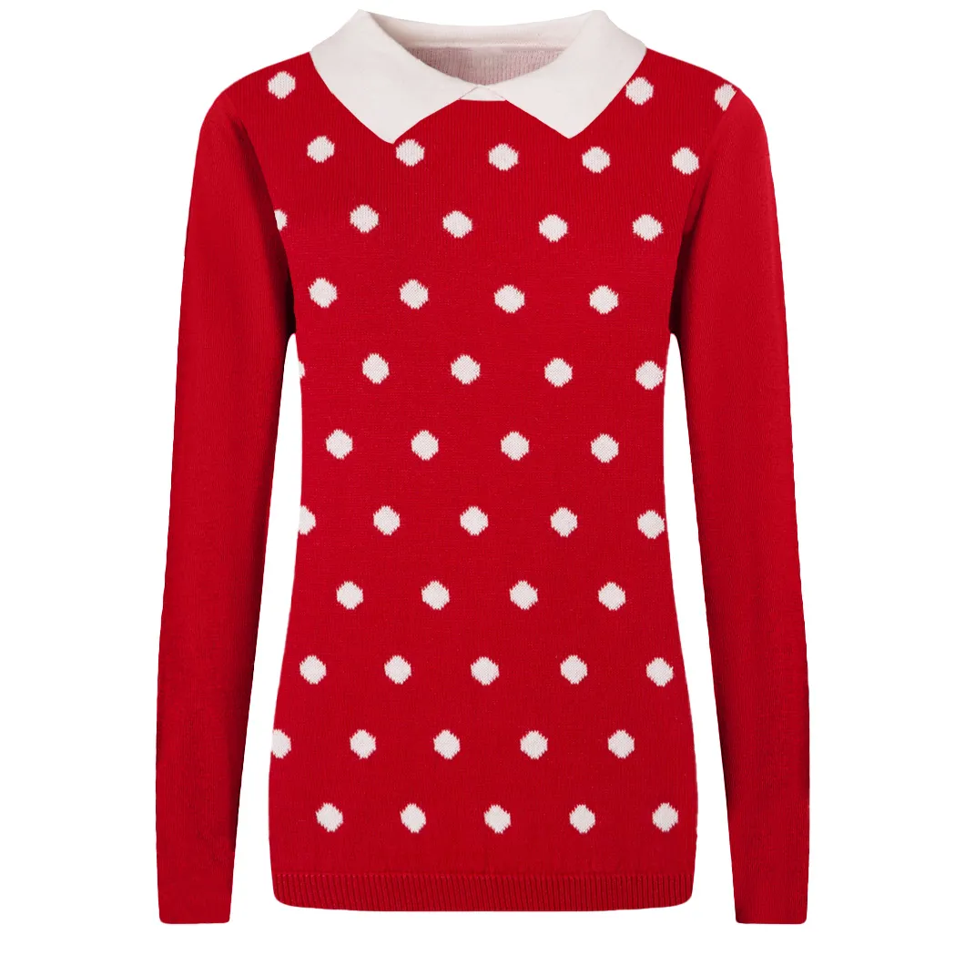 Women's red polka dot vintage lapel sweater