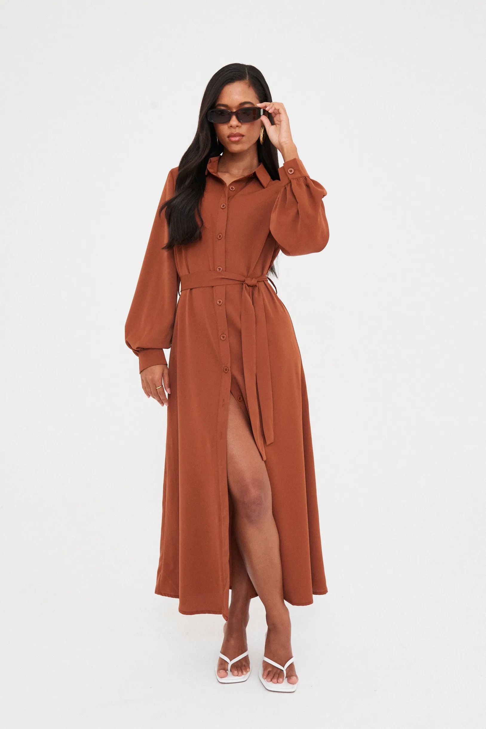 WOVEN BELTED MIDAXI SHIRT DRESS