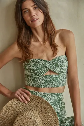 Woven Eyelet Scallop Strapless Twist Cropped Top