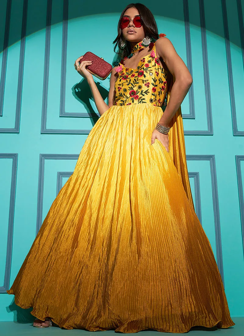 Yellow Sequence Embroidery Ombré Kalidar Anarkali Gown